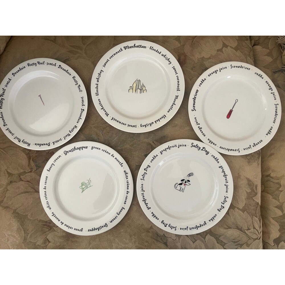 Set of 5 Pottery Barn Bar Lingo Cocktail Appetizer Plates